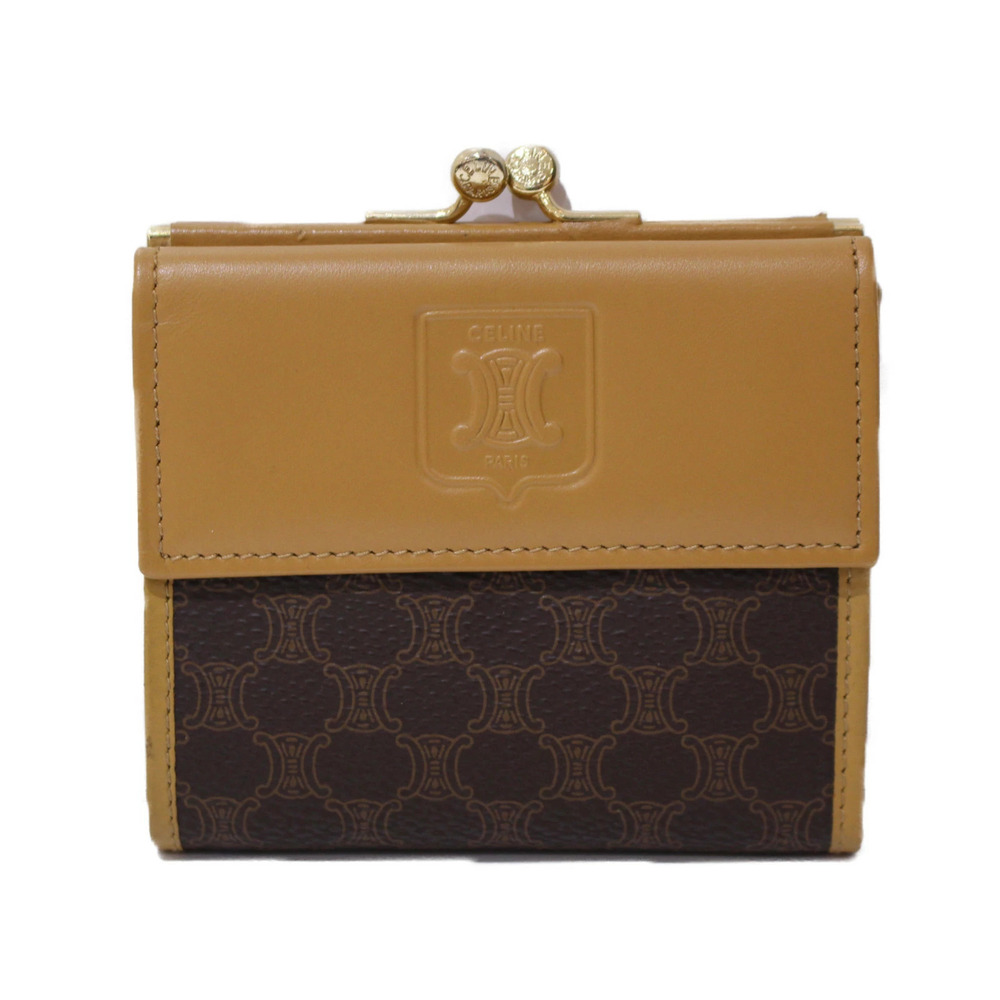 CELINE Bi fold Wallet Compact Macadam Clasp Closure Brown Camel Brown Tan